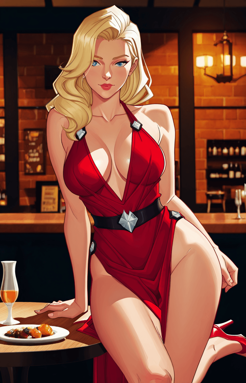 AI generated: Susan Storm from Marvel Rivals, long blonde hair, blue eyes, leaning slightly on the side of a dinne...