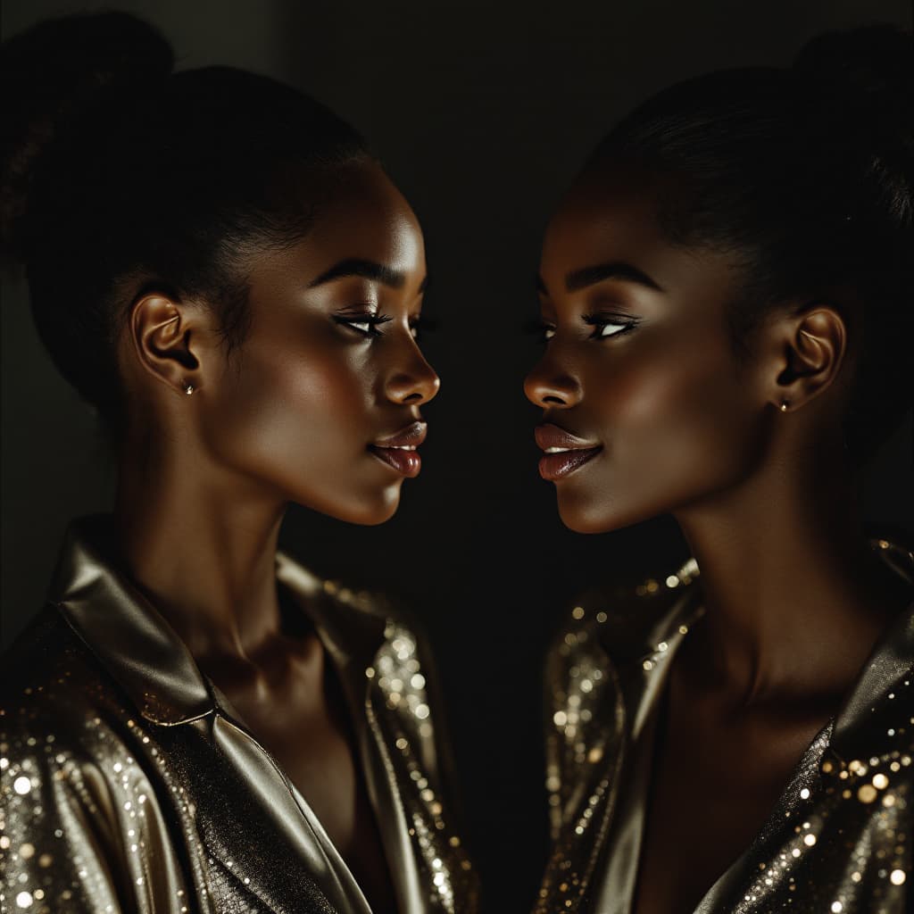 AI generated: Deux femmes noires identiques, de profil en miroir, se regardent intensément. Vêtues d'élégantes rob...