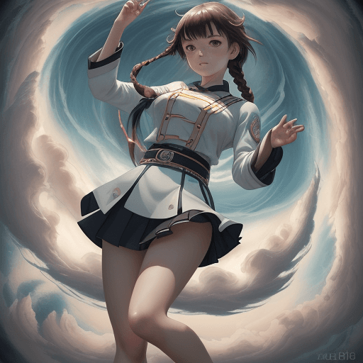 AI generated: In the center of a huge cloud swirl there is an anime beautiful girl in jk uniform and miniskirt, mi...