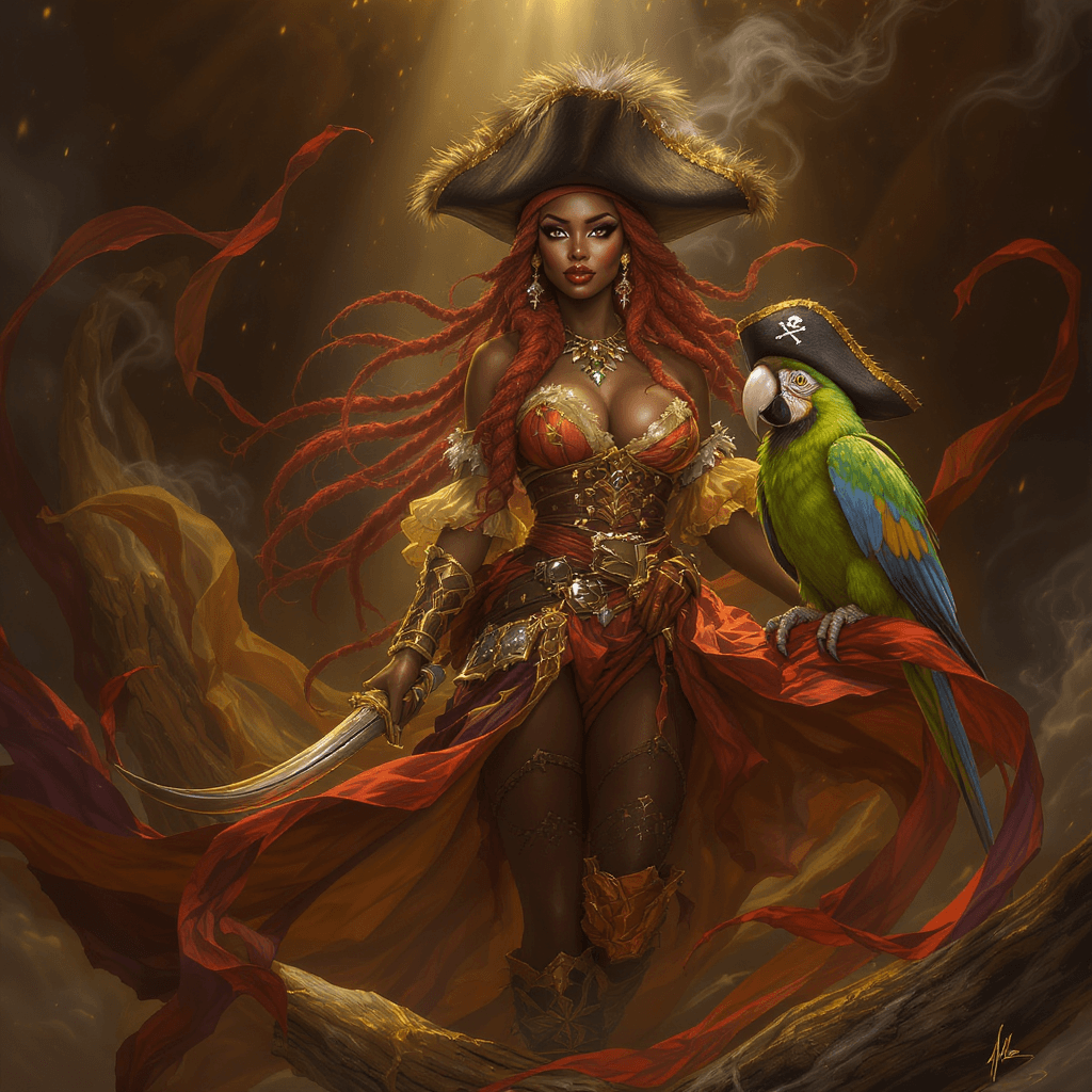 AI generated: Full body view: Centered image.  an beutiful African American pirate lady with red long braided hair...
