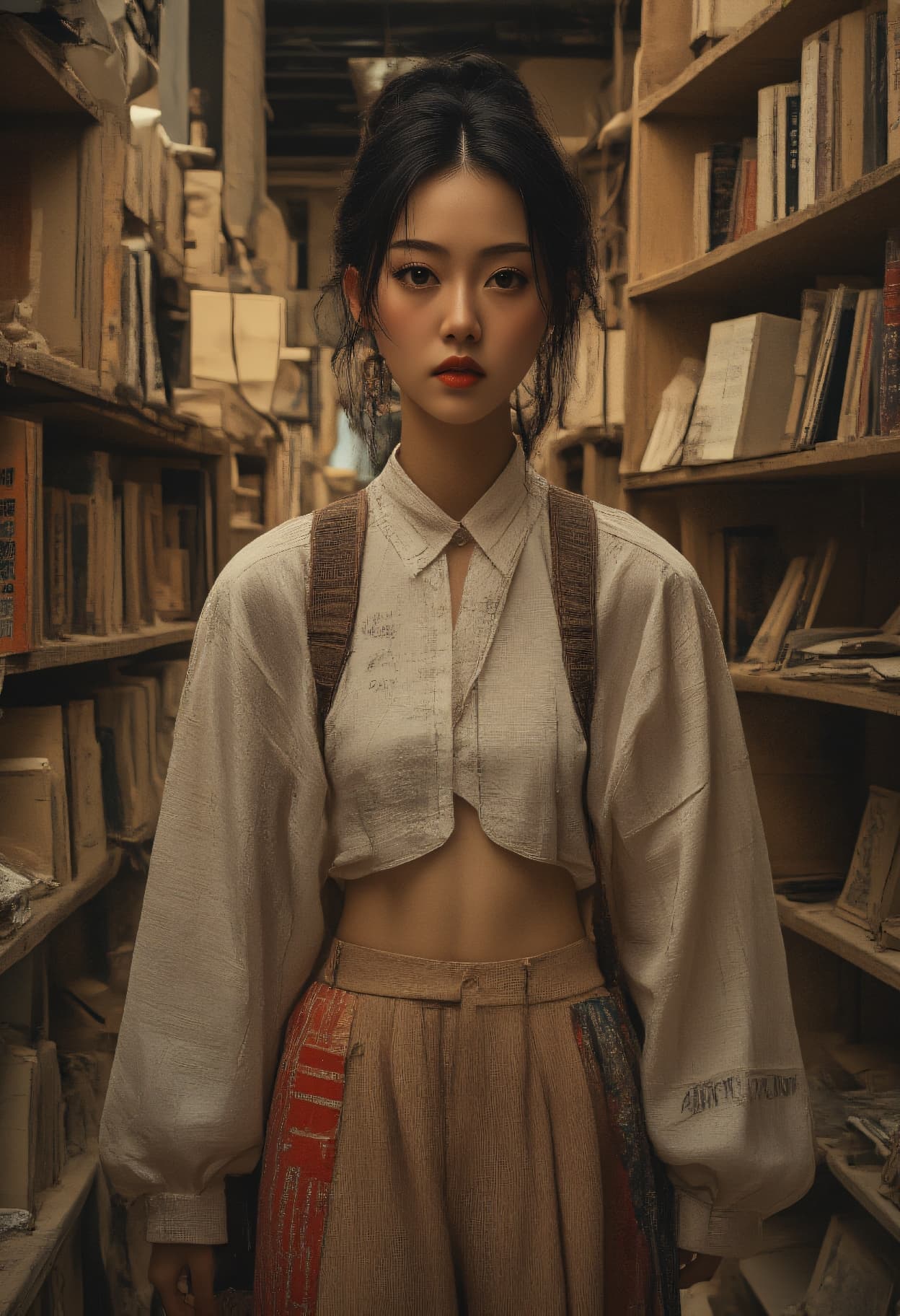 AI generated: architectural photography, Street fashion full body photo of a 24-year-old Uzbek-Turkmen female eleg...