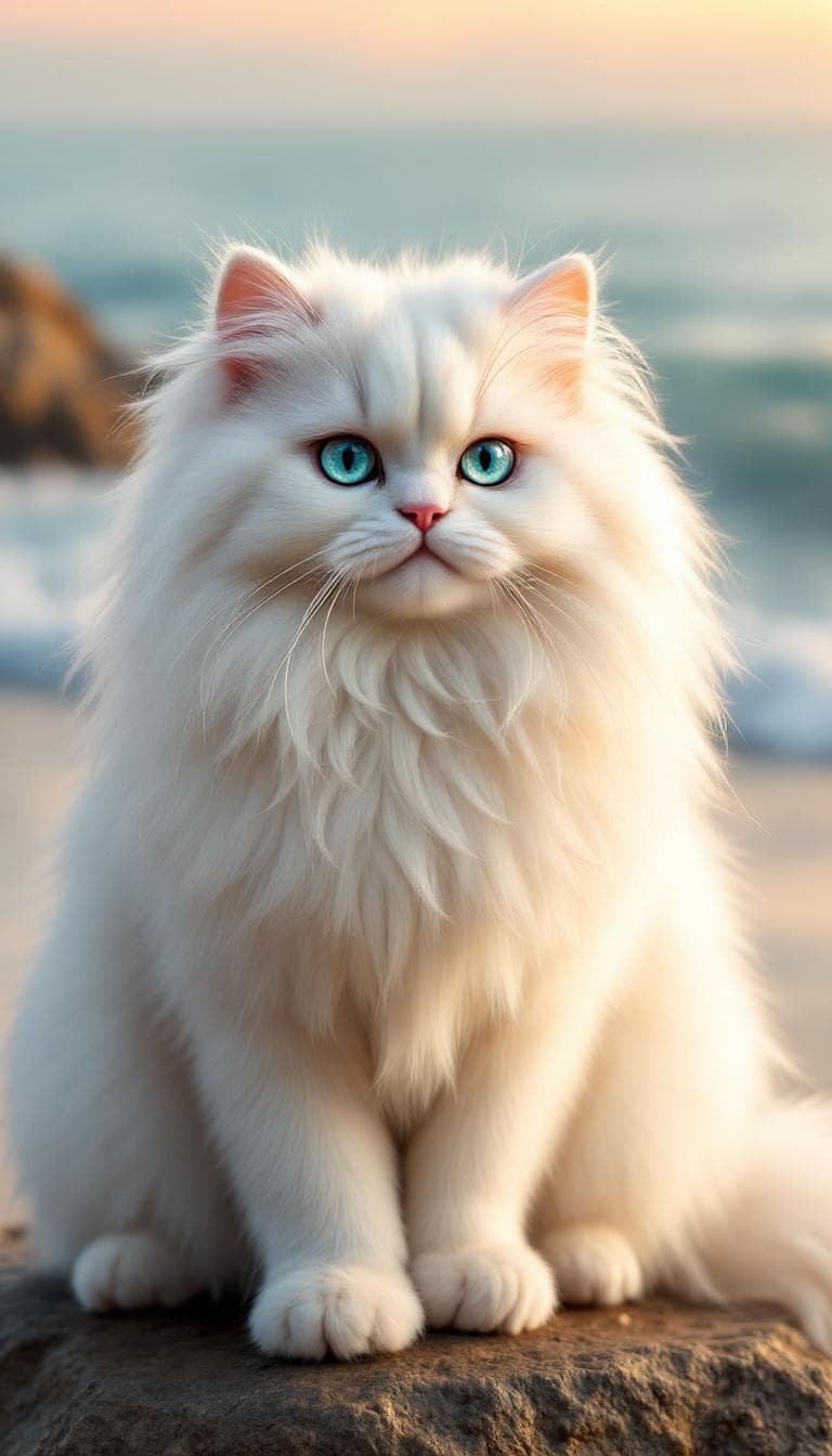 AI generated: A long-haired fluffy white cat with a chubby, rounded face, soft cheeks, and piercing turquoise eyes...