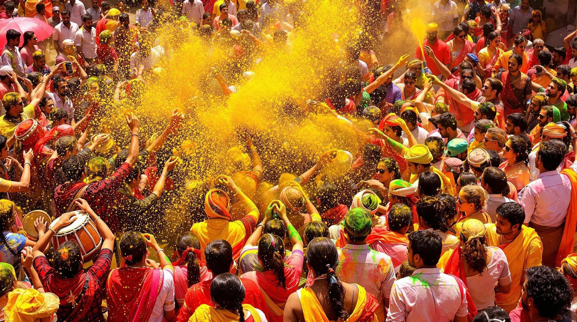 AI generated: "A crowd of devotees in traditional attire, men and women drenched in vibrant colors like red, yello...
