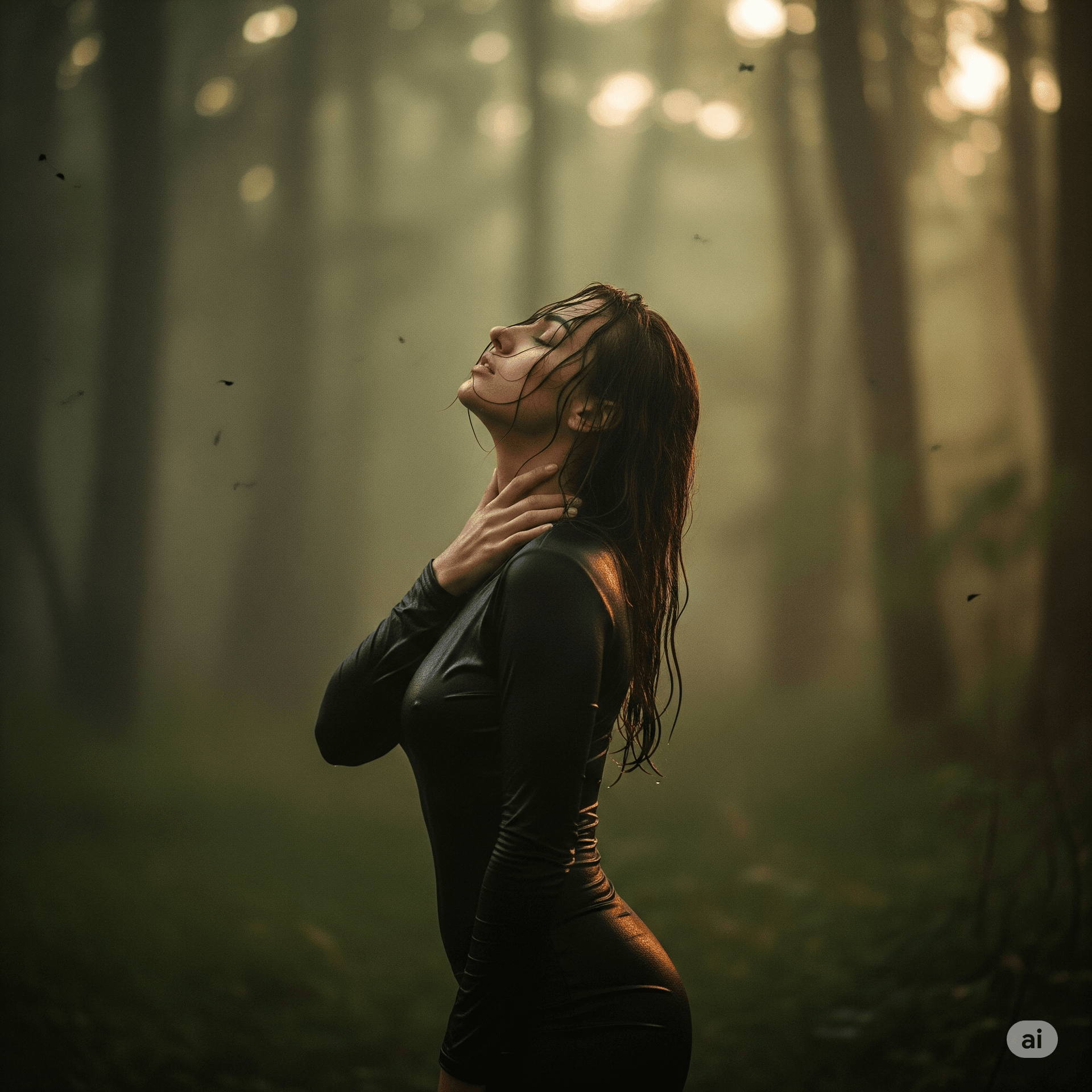 AI generated: A cinematic, emotionally introspective scene of a woman standing still in a forest during twilight. ...