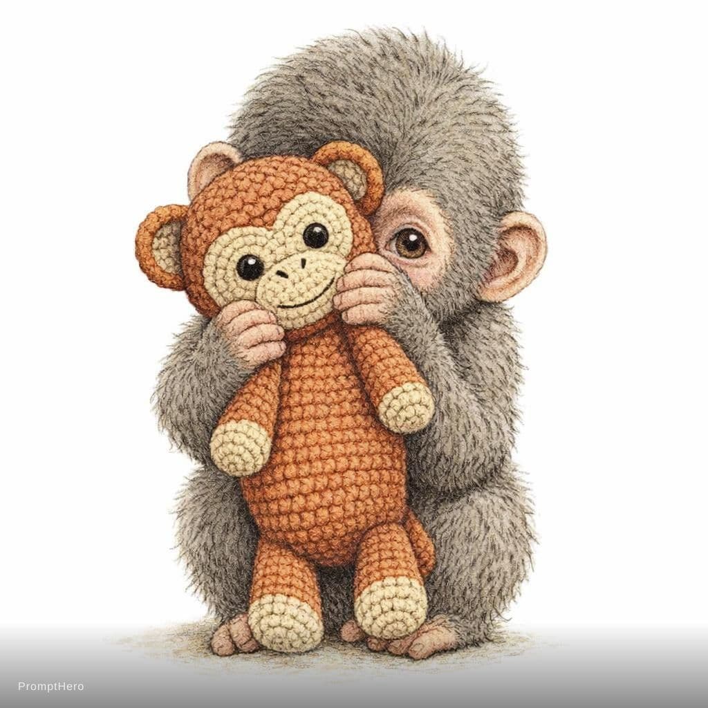 AI generated: vintage children's book illustration, shy baby monkey hiding its face behind a small crochet stuffed...