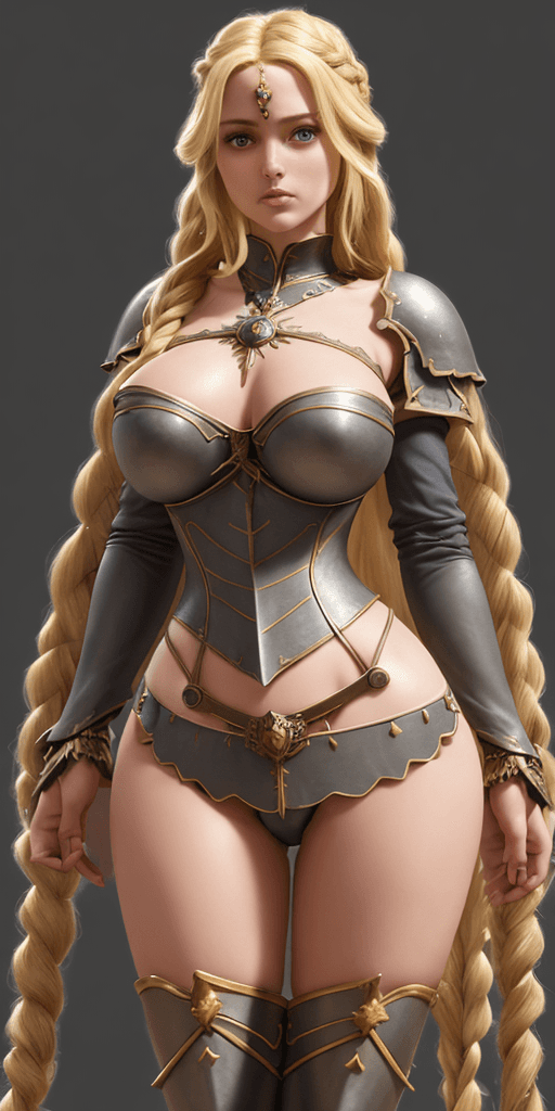 AI generated: beautiful and cute spanish princess warrioress, long blonde braided hair, hourglass figure, large br...