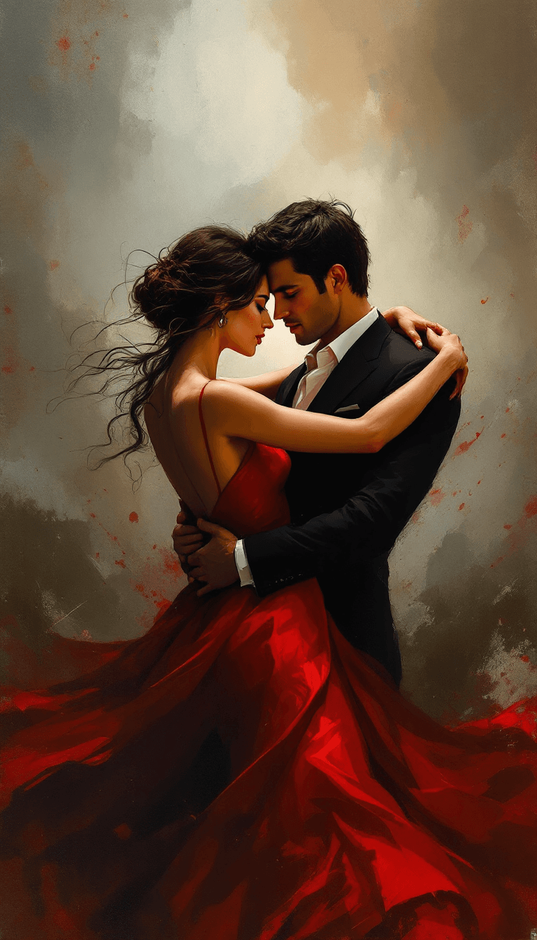 AI generated: A passionate couple embraces closely in a romantic dance, locked in a deep, emotional moment. The wo...