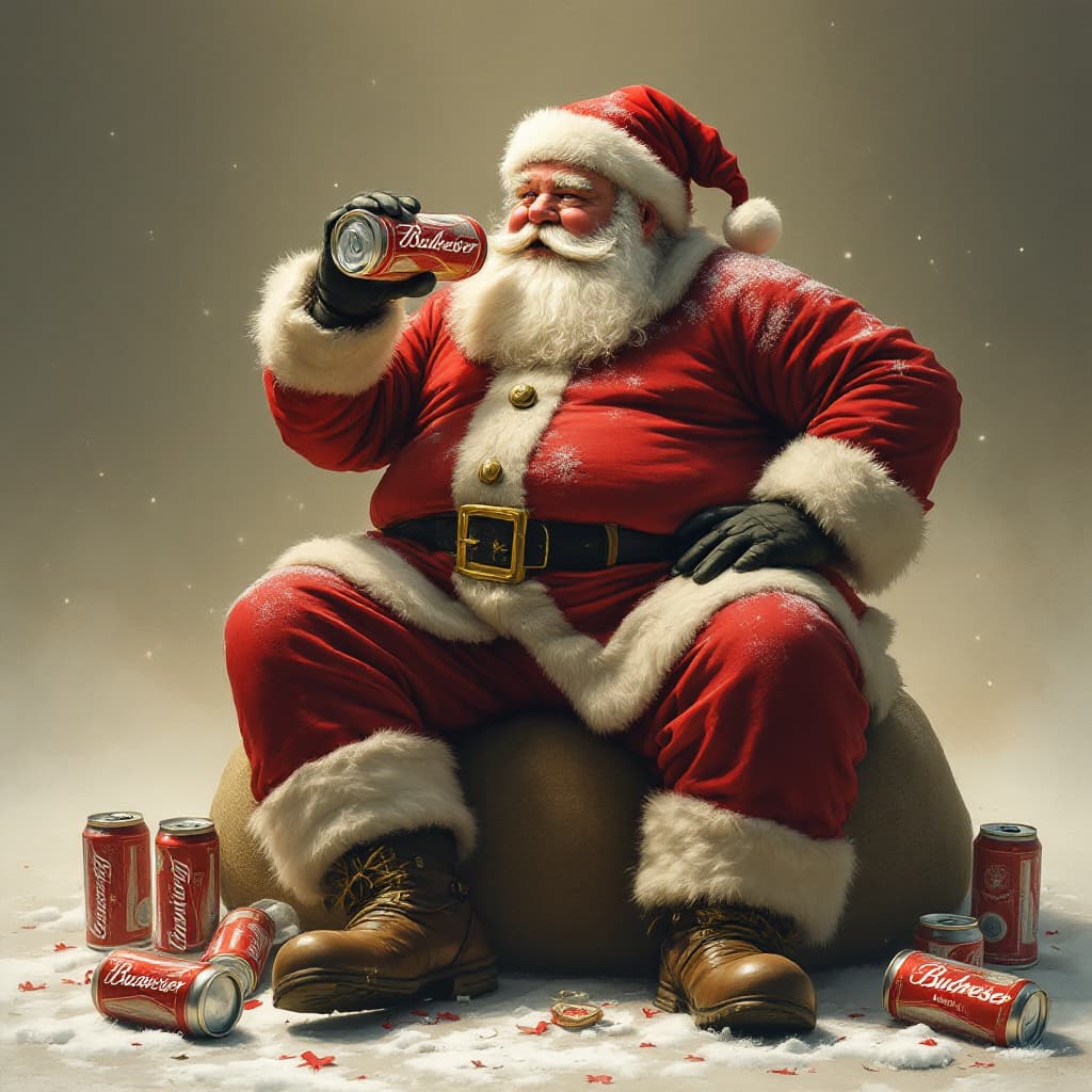 AI generated: masterpiece, best quality,a fat Santa Claus sitting on his sack of toys drinking. Budweiser with man...