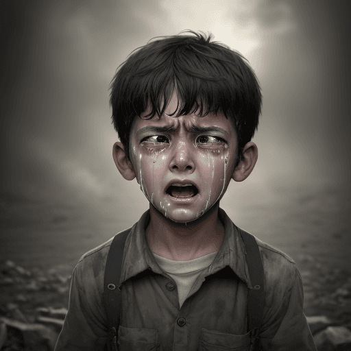 AI generated: Boy crying from behind war 