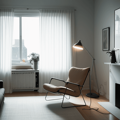 AI generated: mid-sized living room with a candid angle, dieter Rams 620 chair program, flos Arco floor lamp, Niko...