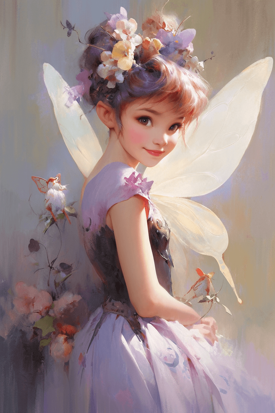AI generated: A playful and mischievous fairy, Disney style, with whimsical makeup, oil painting by Ray Donley, sp...