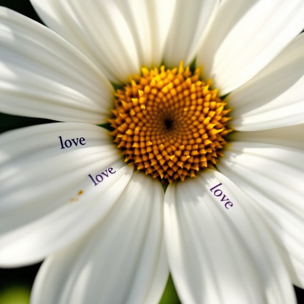 AI generated: you can see a daisy flower up close, the flower has six large white petals, the word "love" is writt...