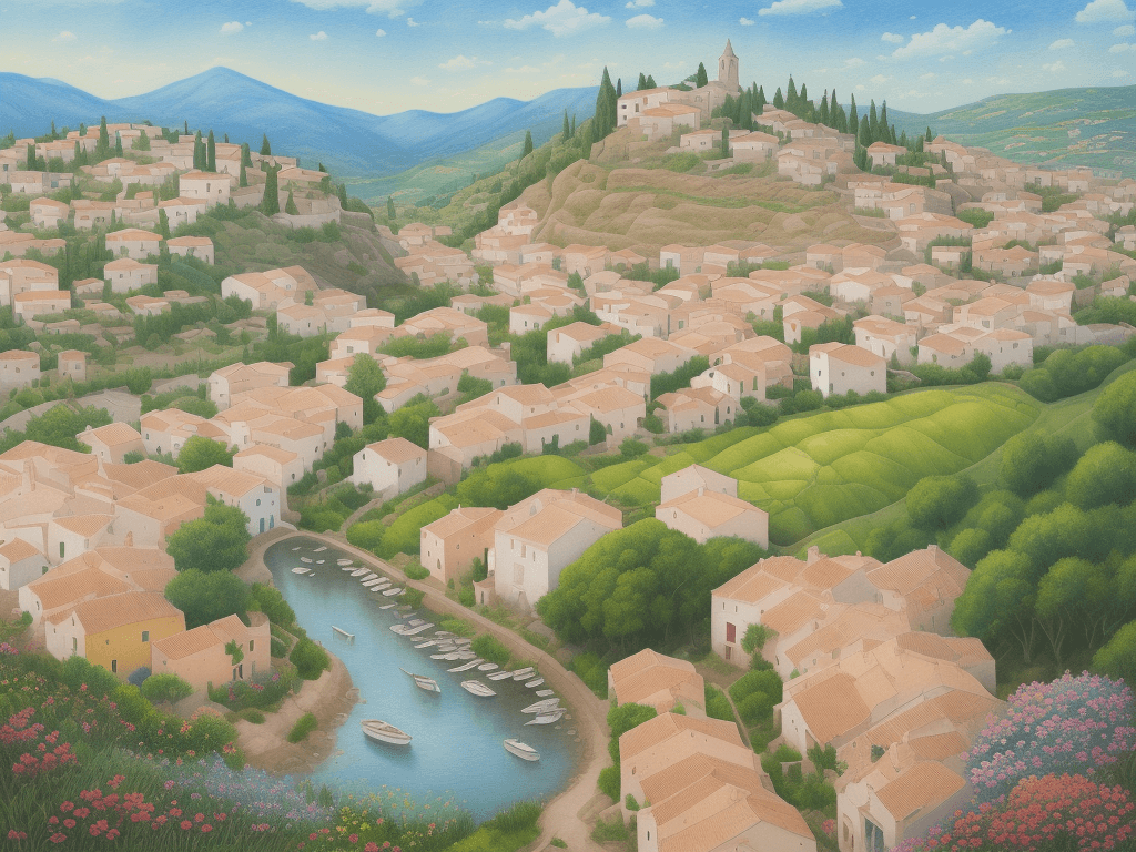AI generated: Enchantingly beautiful summer landscape of a Spanish village with houses, flowers on the foreground,...