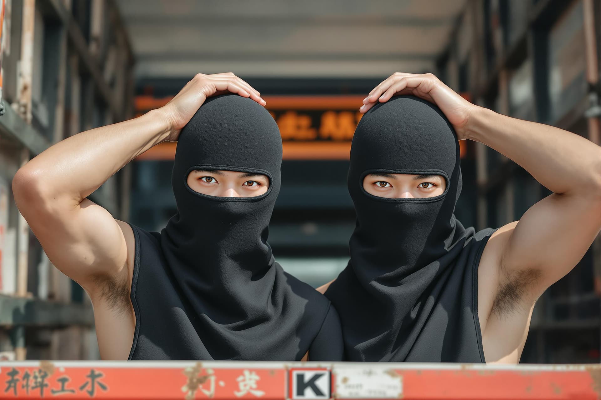 AI generated: Two strong male Asian born Chinese athletes arrested in day time. They are at the back of a truck. T...