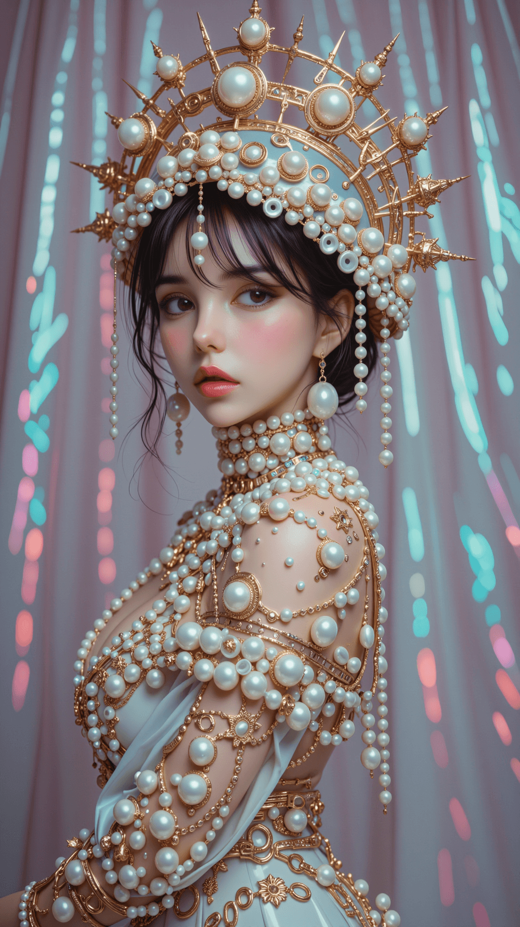 AI generated: Like an amazing movie poster, a beautiful korean woman adorned in an elaborate, pearl-themed outfit....
