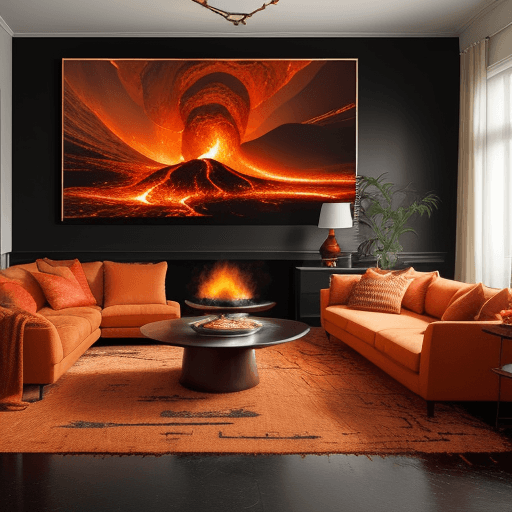 AI generated: A cozy living room features a soft sofa and a warm, textured rug. Above the couch hangs a dramatic p...