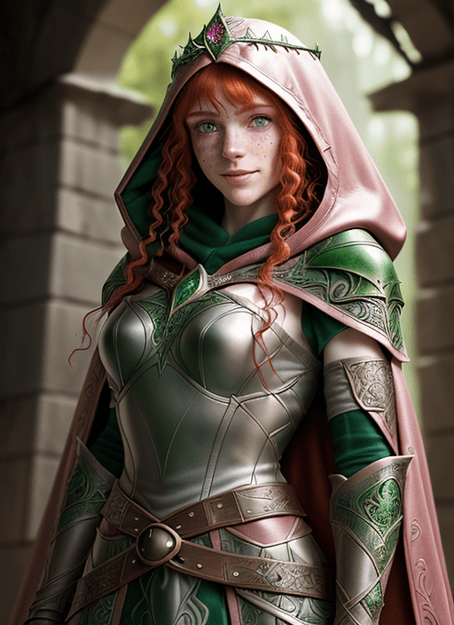 AI generated: ultra realistic ranger elf, hooded pink leather armor!!! long curly red hair!! bangs, green eyes! fr...