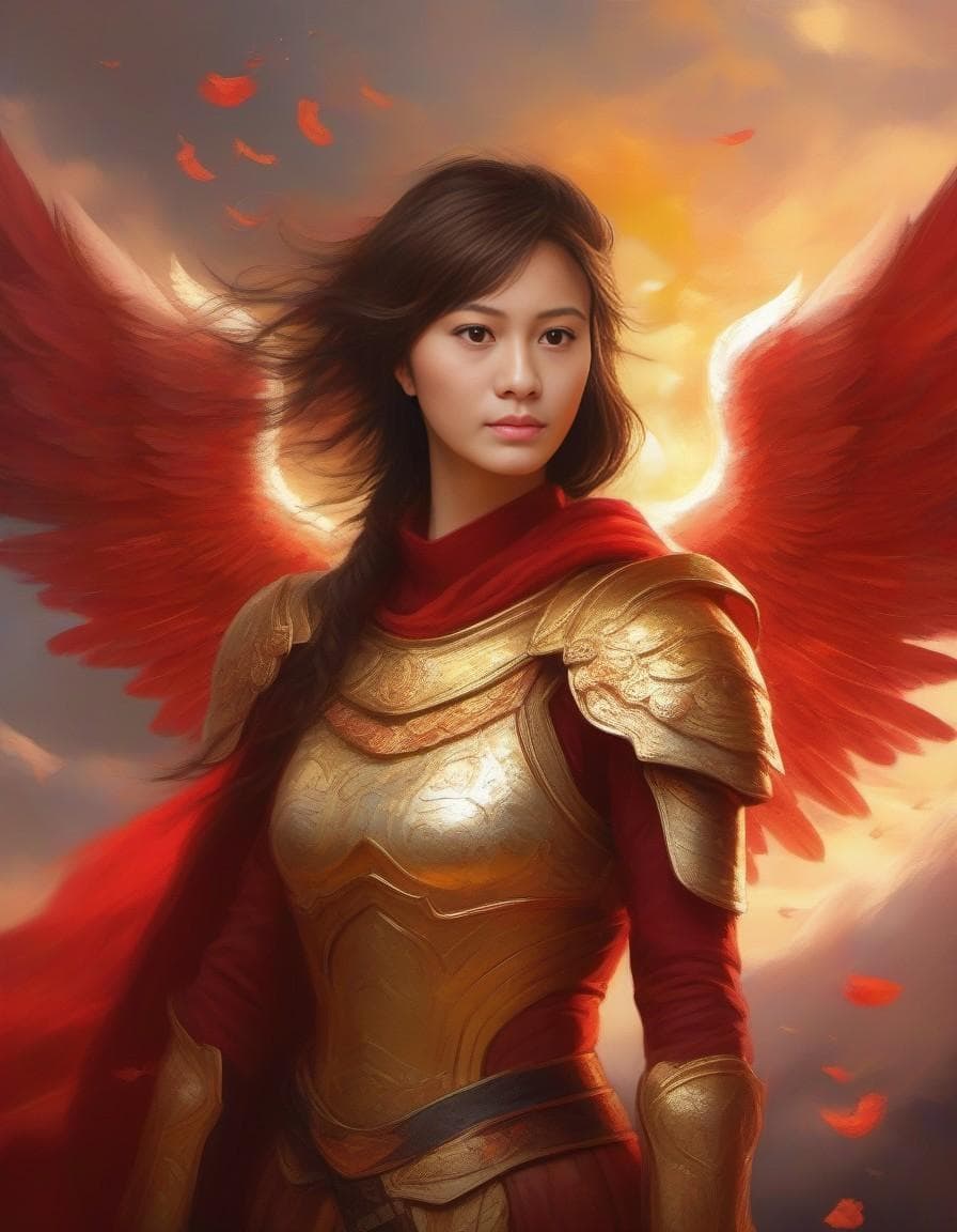 AI generated: illustrate an angelic warrior with armor and wings glowing in a radiant shade of red or gold, hoveri...