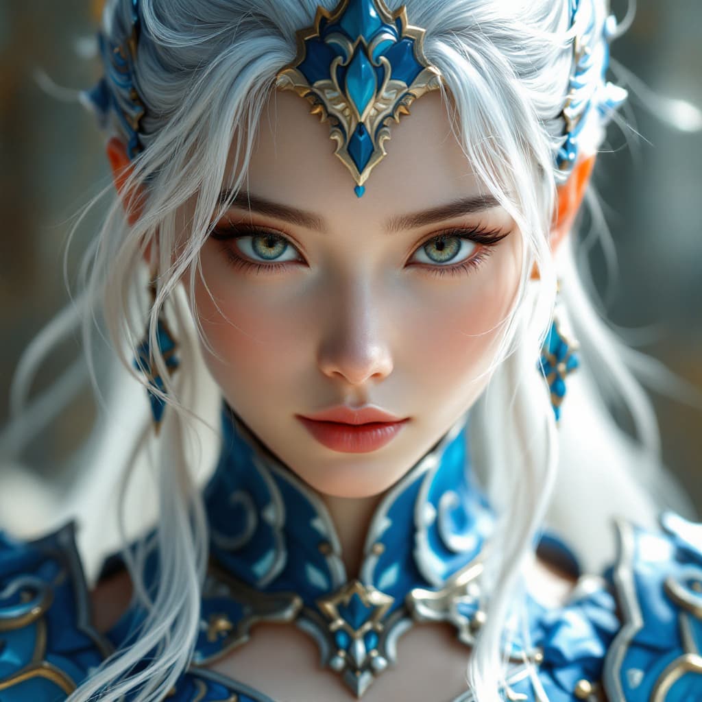 AI generated: white hair, intricate azure armor, detailed gorgeous face, beautiful South Korean girl, medium lengt...