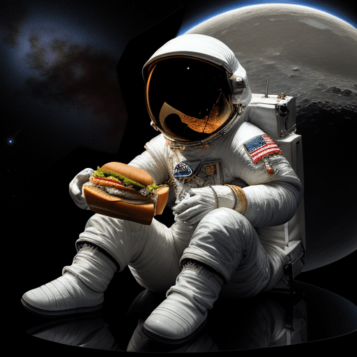 AI generated: 3D Image | Astronaut Sitting on the Full Moon Eating a Sandwich | The Background Galaxy