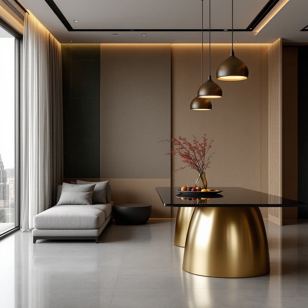 AI generated: The interior design is modern and luxurious. The space includes a living and dining area. A minimali...