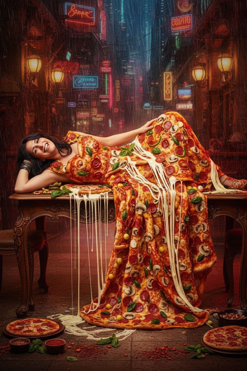 AI generated: Cuisine, A smiling woman wears a dress made of pizza as she lays on a table, rich deep colors, intri...