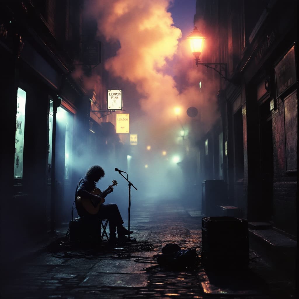 AI generated: A psychedelic vision of the London music scene at dusk in 1975, where the haze of smoke and fog from...