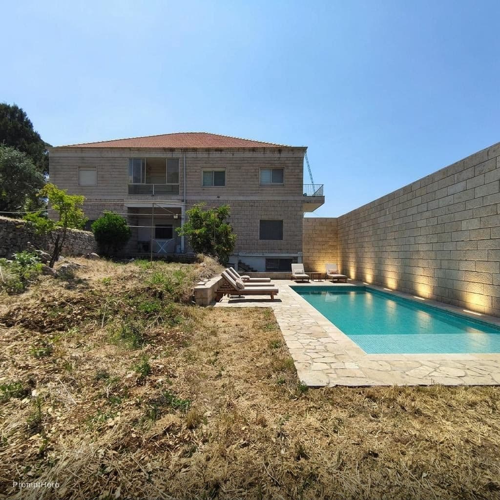 AI generated: Pool with stone cut wall on the right side of the photo taller than the original height for privacy ...