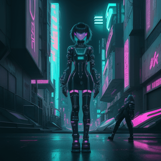 AI generated: girl of the future standing in a panoramic cyberpunk street, futuristic design, electronic artwork, ...