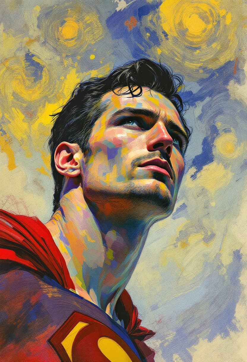 AI generated: Portrait tilted at 45 degrees, dynamic pose,  Superman, Art Nouveau, Neo-Impressionism, charcoal ill...