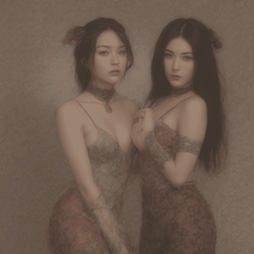 AI generated: Two beautiful alluringly seductive
Japanese women, sit, in a serene field of red roses, in an embrac...