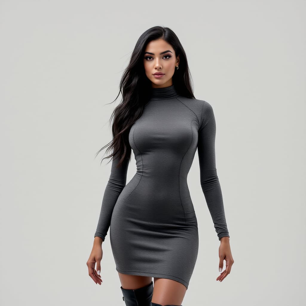 AI generated: full frontal standing black hair lady, short high neck grey bodycon dress outfit, with sleeves, high...