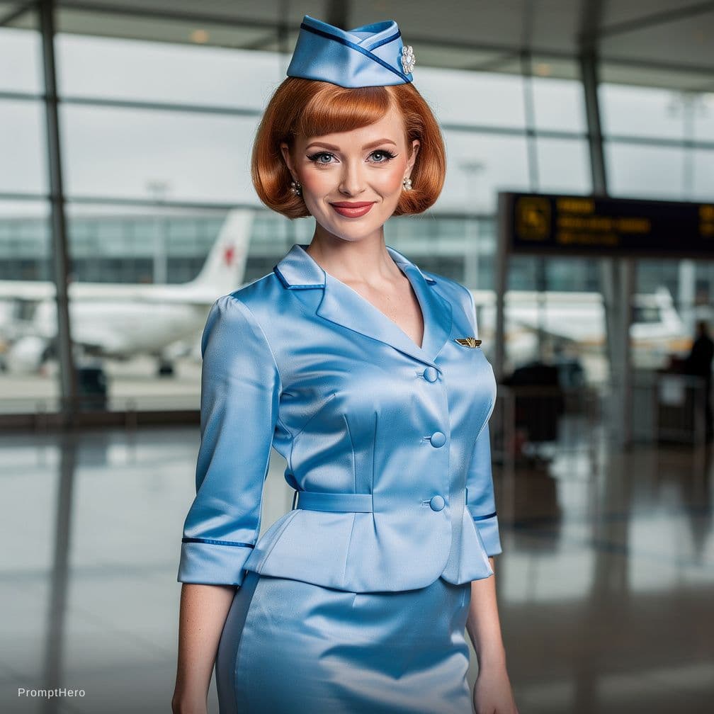AI generated: (photo of a hot stewardess posing for playboy magazine), (breathtaking:1.58), ((wearing light blue s...
