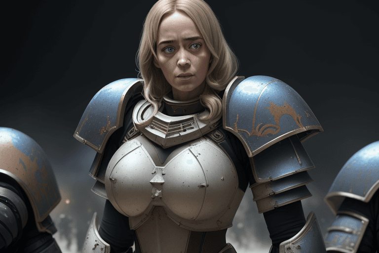 AI generated: 500mm portrait cinematic photo, Emily Blunt as a devout sister of battle in action-packed scene from...