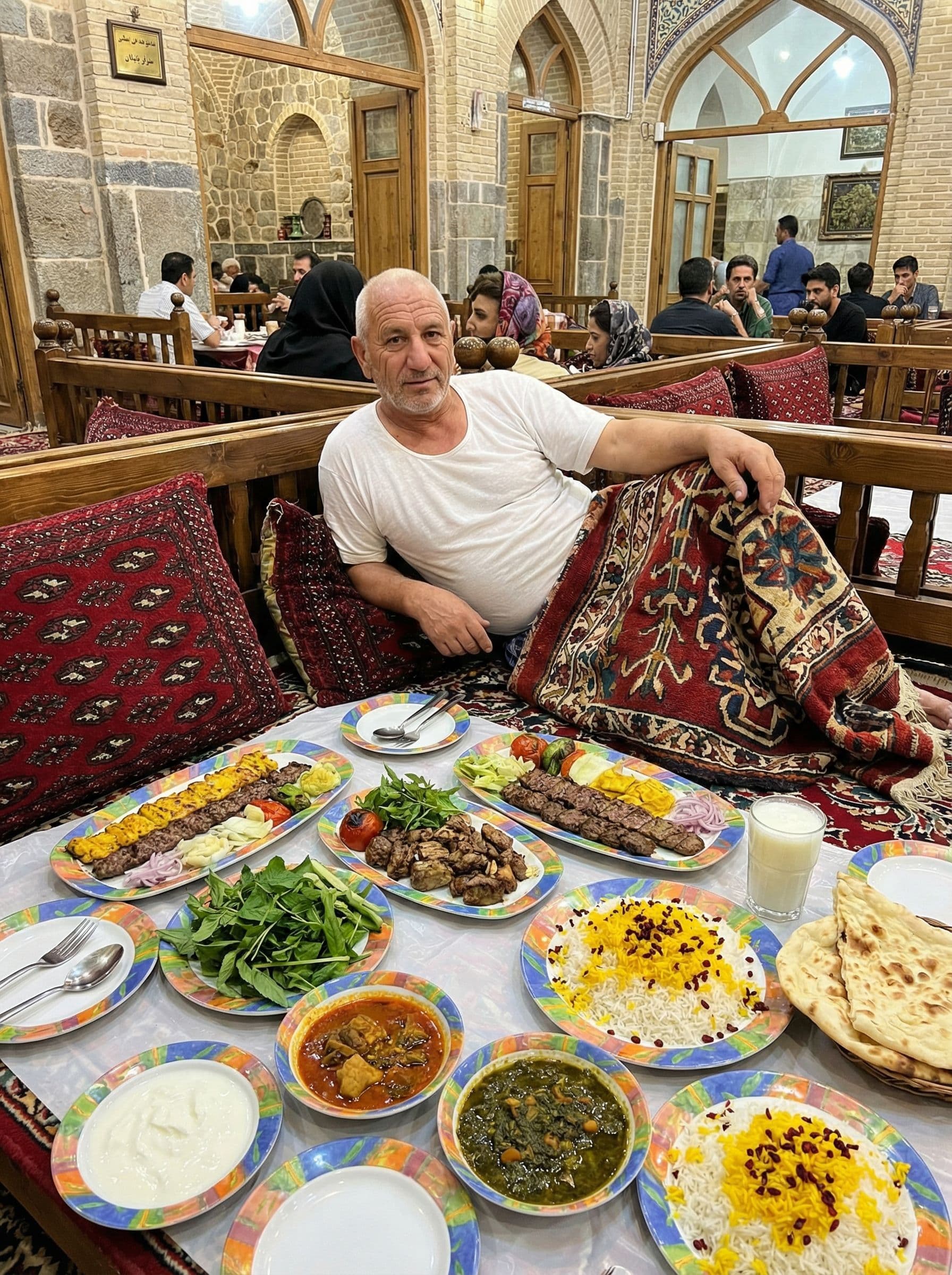 AI generated: در حال لم دادن روی تخت در مجتمع رستورانی و غذاهای رنگارنگ