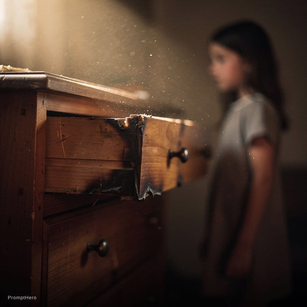 AI generated: A cinematic melancholic scene of an old wooden drawer tightly stuck inside a vintage cabinet with sl...