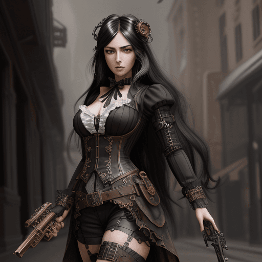 AI generated: Very beautiful Steampunk lady, long black hair, steampunk outfit and weapon, hyperrealism, photoreal...