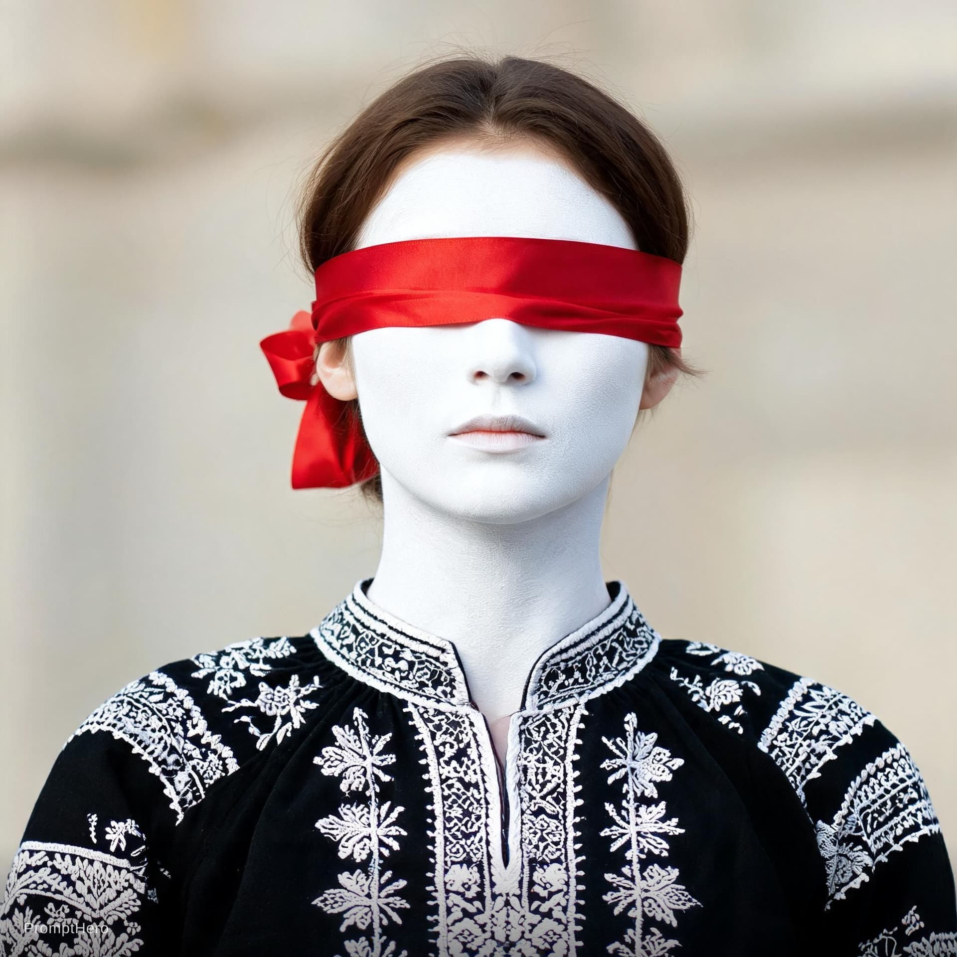 AI generated: eyes are blindfolded with red ribbons like a blindfold, the skin of the face is painted with white p...