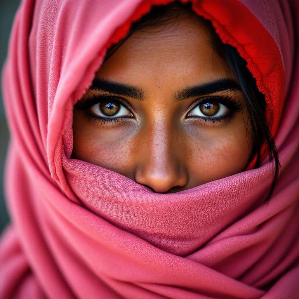AI generated: A close-up color portrait of a woman with a pink scarf and a red head scarf, samikshavad, sumatraism...