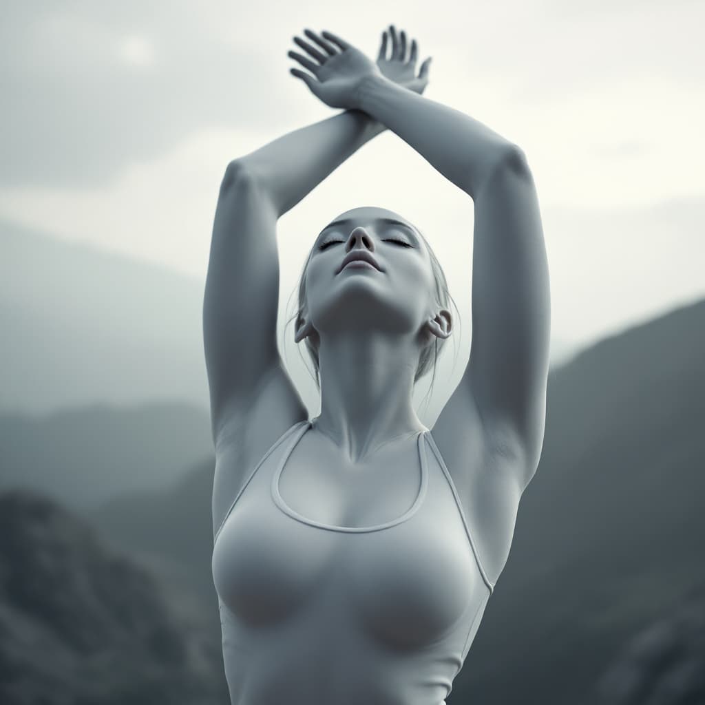 AI generated:  Photo of a ultra realistic white female, arms up over head, in tank top