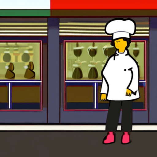 AI generated: A cartoon-style image of a proud chef in front of a boutique restaurant. The chef is a woman with wa...