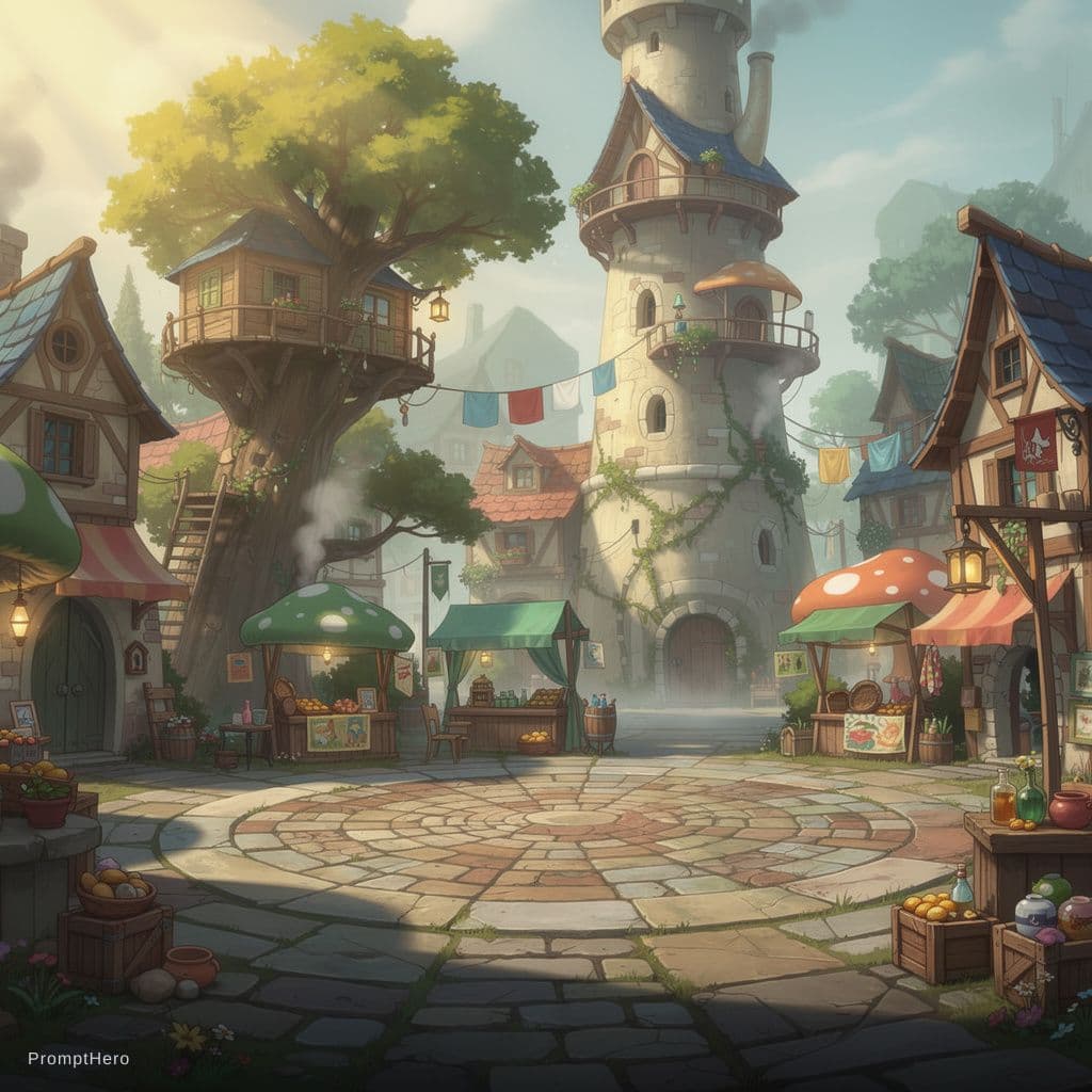 AI generated: "fantasy town, treehouses intertwined with ancient stone towers, mushroom-shaped stalls, cobblestone...