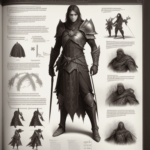 AI generated: magazine, statistics, lines pointing to clothing and gear, detailed character from a dark, high epic...