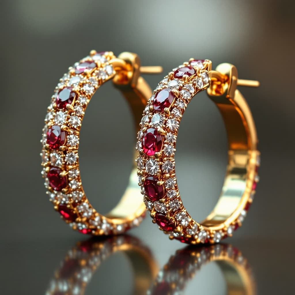 AI generated: gold earings with diamonds and rubies on it focus on only the earing models a more realistics image ...
