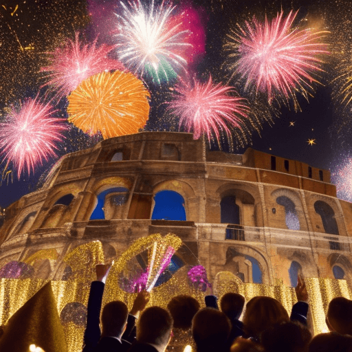 AI generated: New Year's Eve in Italy, a vibrant outdoor celebration filled with energy and glamour. People dresse...