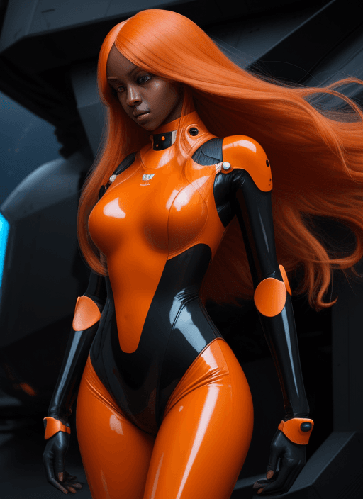 AI generated: Orange long hair. dark skin, Woman, latex leotard, high tech, mech suit, deep sea