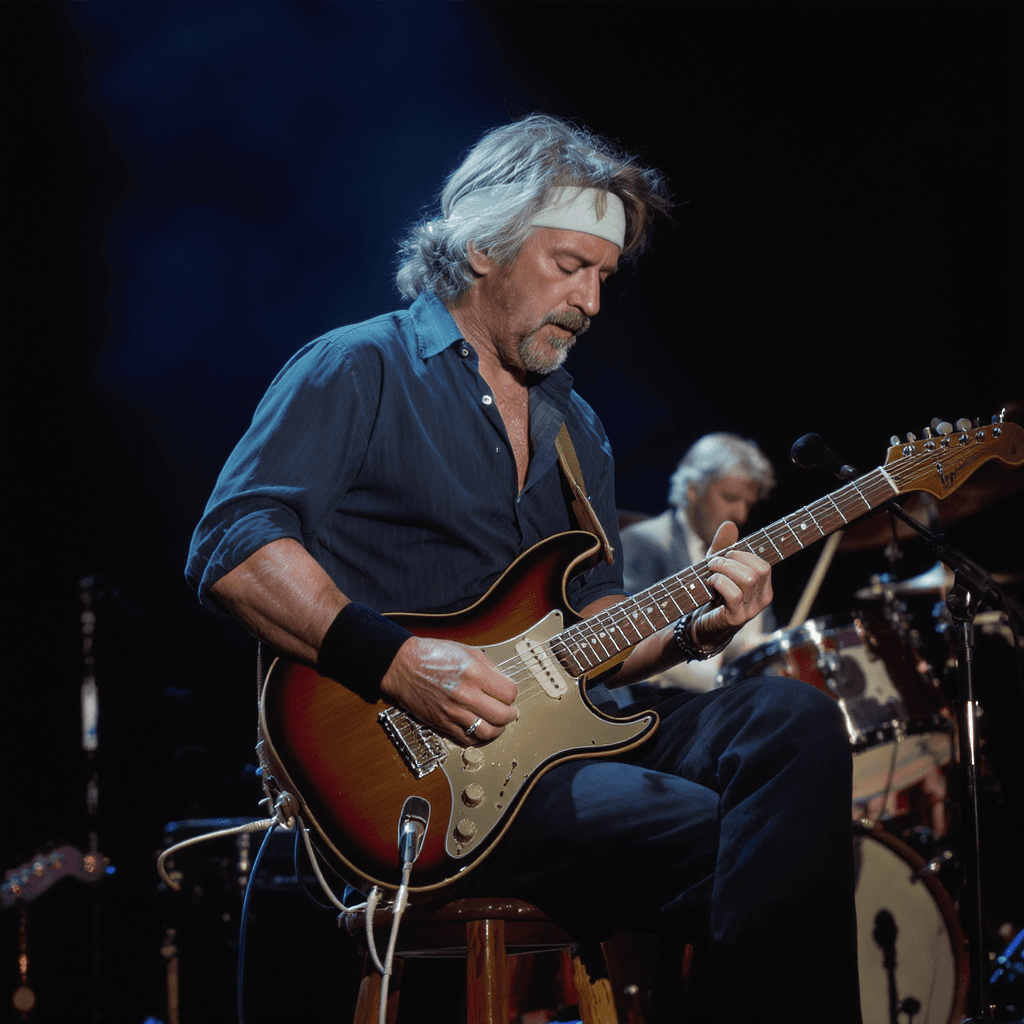 AI generated: Mark Knopfler performing live on stage in the 1980s, sitting on a wooden stool, wearing a headband, ...