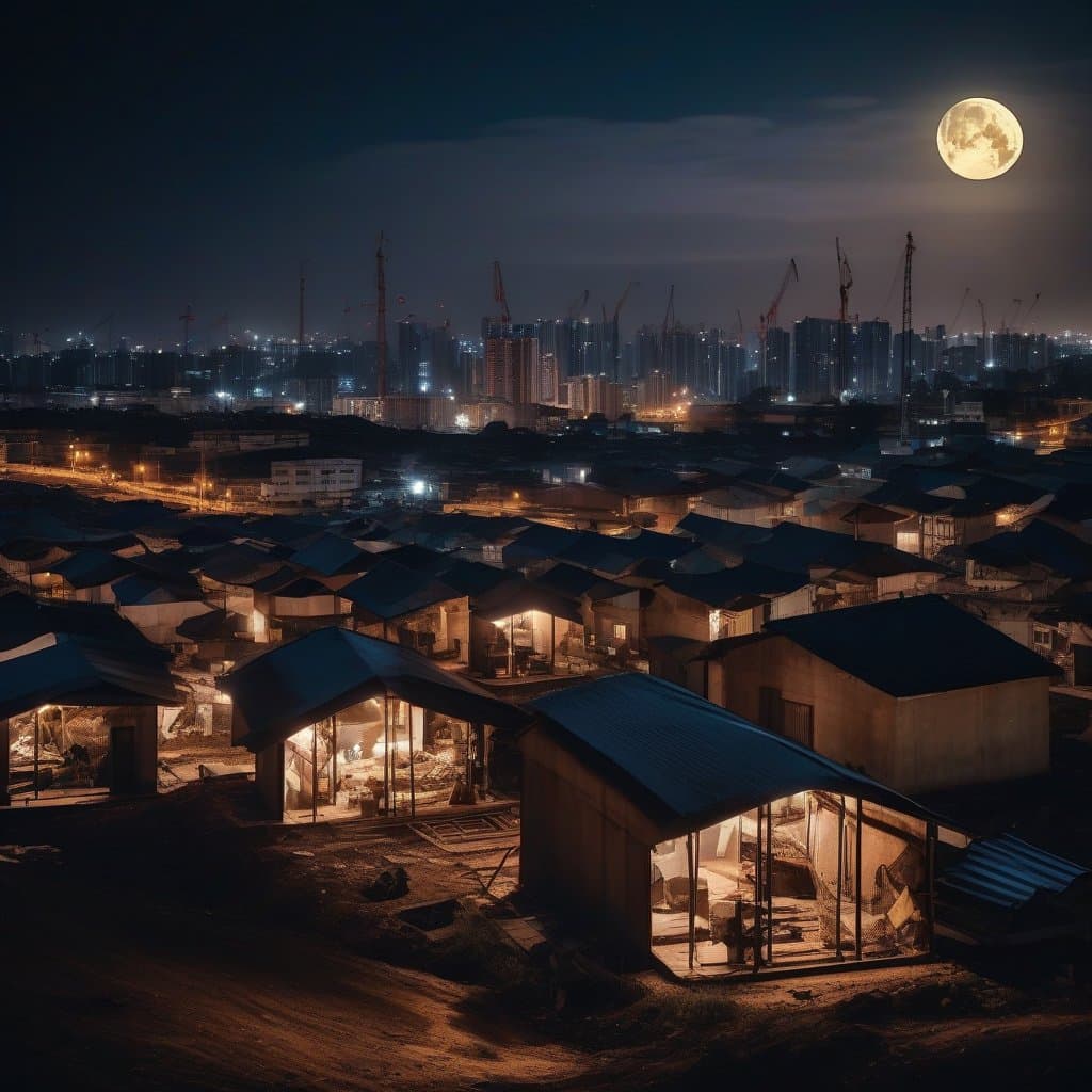 AI generated: Urban landscape: "beehive houses, acid rain, iron-billed crane herons completing the construction of...