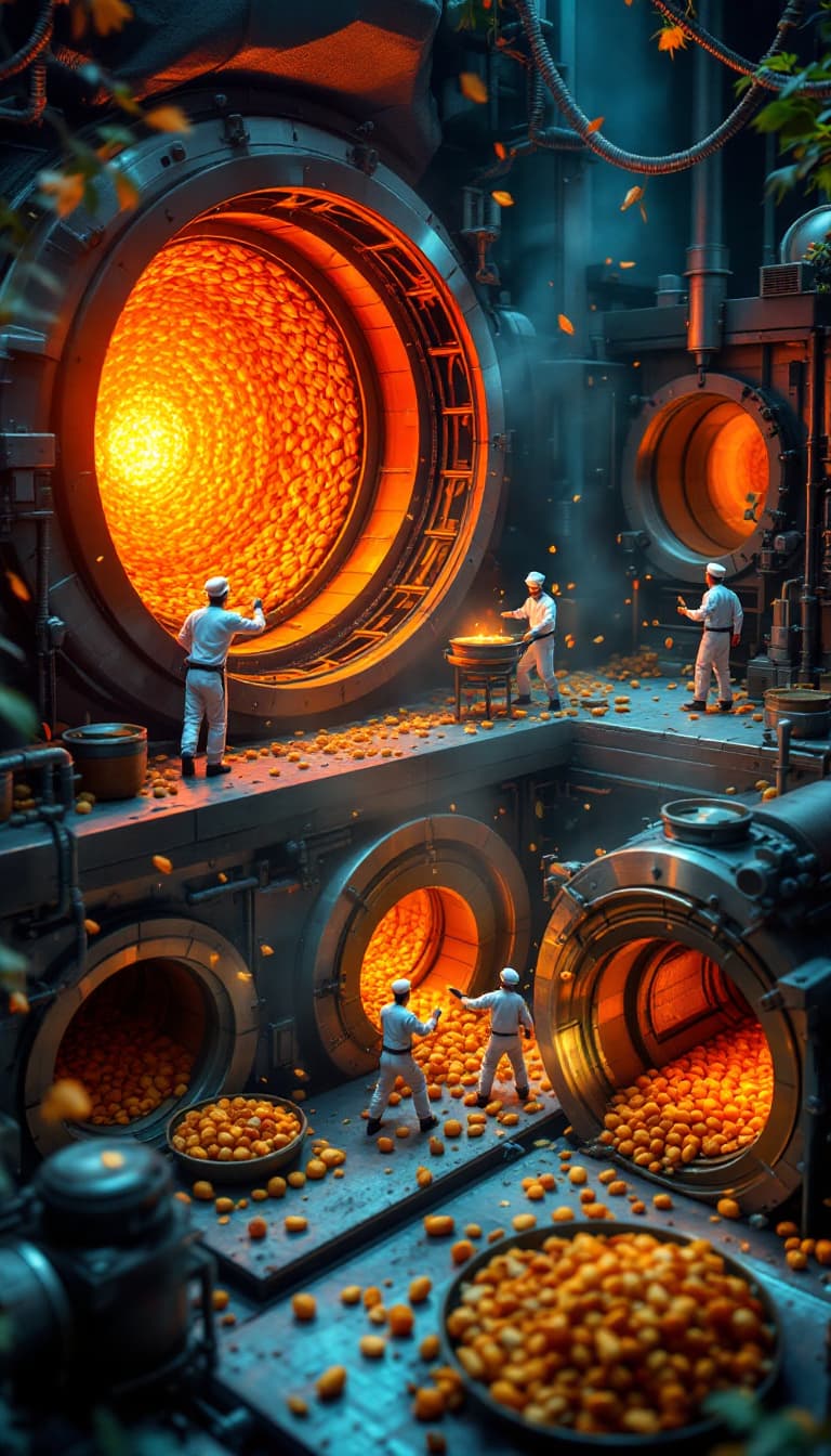 AI generated: Giant rotating ovens, glowing like fiery caves, slowly roast the nuts to crispy perfection. Tiny che...