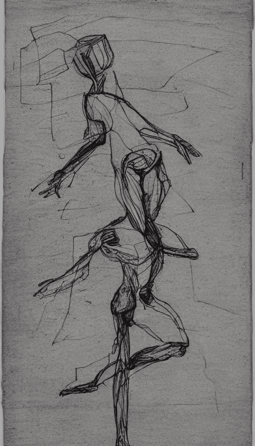 AI generated: drypoint engraving scribble, bizarre drawing, white background, human figure that launches into the ...